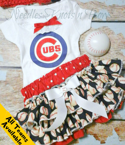 Chicago Cubs game day baseball outfit for baby girls and toddlers.