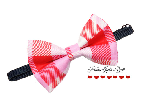 Red Pink & White Plaid Bow Tie, Valentine Bow Tie