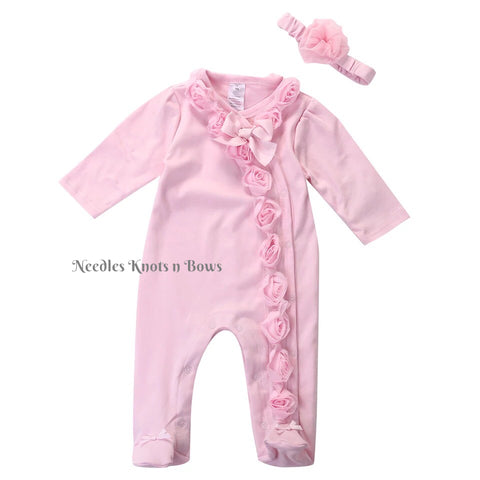 Baby Girls Pink Pajama's, Girls Pink Footed Sleeper with Headband, Coming Home Outfit