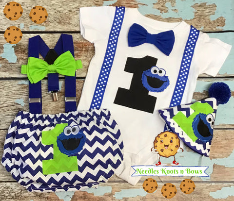 Boys Cookie Monster Cake Smash, 1st birthday outfit