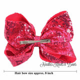 Large Hot Pink Sequin Hair Bow, Girls 8" Fushia Sequin Hair Bow