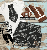 Las Vegas Raiders Football Outfit for boys.  Makes a great baby shower gift, coming home outfit and perfect for game day. Available in sizes Newborn thru size 4