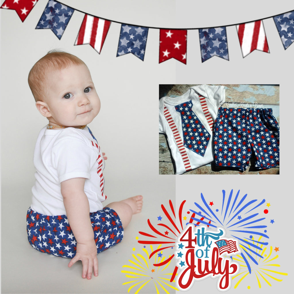 Boys 4th of July Patriotic Outfit Shirt and Shorts Needles Knots n Bows