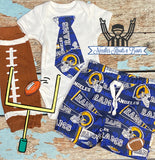 Los Angeles Rams baby Outfit for boy. This set is perfect for expecting parents who are LA Rams fans, it is perfect for bringing baby home for the first time from the hospital, taking him out to his first NFL game, milestone photo shoots and so much more.
