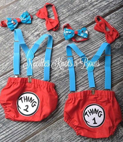 Baby Boys Thing 1 and Thing 2 Cake Smash Set.  Perfect for twin boys cake smash photo shoots and birthday celebrations.