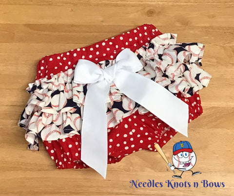 Baby girls and toddlers ruffled baseball bloomers.