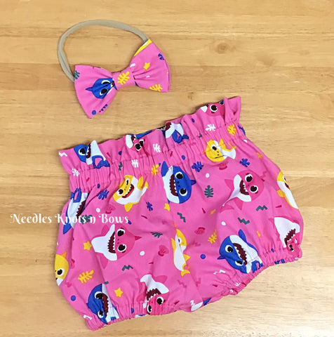 Baby girls and toddlers pink Baby Shark high waist bloomers and matching headband