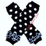 Black polka dot leg warmers with a ruffled bottom.  Baby toddler girl leg warmers.