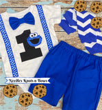 Boys 1st Birthday Outfit in a Cookie Monster theme.