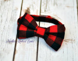 Pre-tied Buffalo plaid bow tie with velcro closure.
