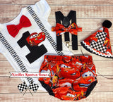 Boys Car's Cake Smash and Birthday Outfit with Birthday Hat. Boys 1st Birthday Outfit