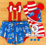 Boys Dr. Suess cake smash outfit. Cat in the Hat first birthday outfit and cake smash set.