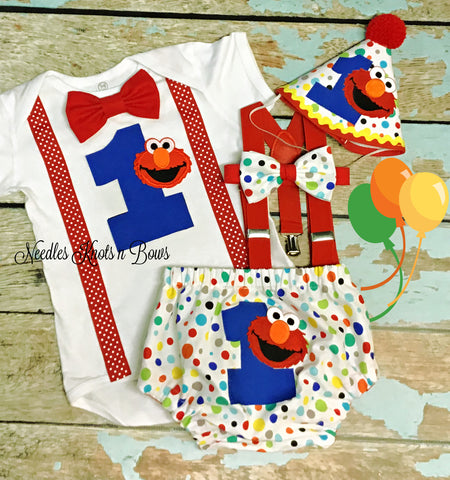 Boys Elmo 1st Birthday Outfit and Cake Smash Outfit,  Polka Dot Elmo Cake Smash Outfit.