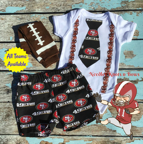 Baby boys and toddlers San Francisco 49ers game day outfit.