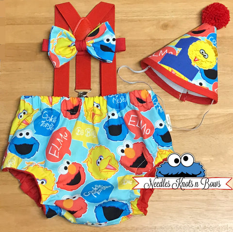 Boys Sesame Street cake smash outfit for Sesame Street themed birthdays