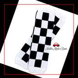 Black and white checkered raceway leg warmers for babies and toddlers