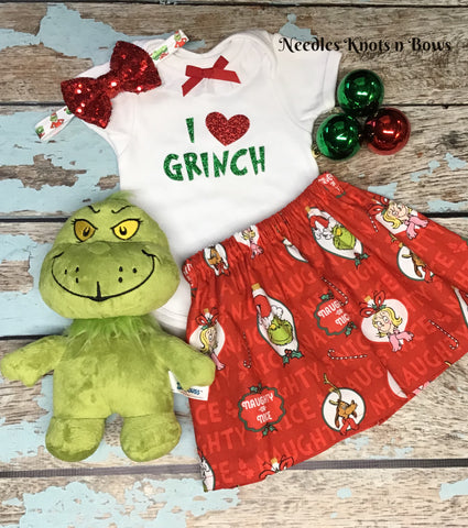 Girls Grinch Christmas Outfit, Grinch Skirt