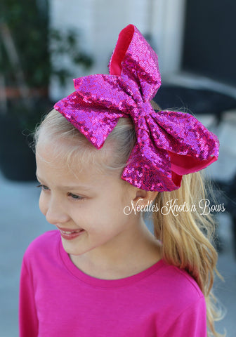 Large Hot Pink Sequin Hair Bow, Girls 8" Fushia Sequin Hair Bow