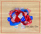 Girls Baseball Hair Bow.  4.5 inch over the top, layered baseball hair bow with a feather center.