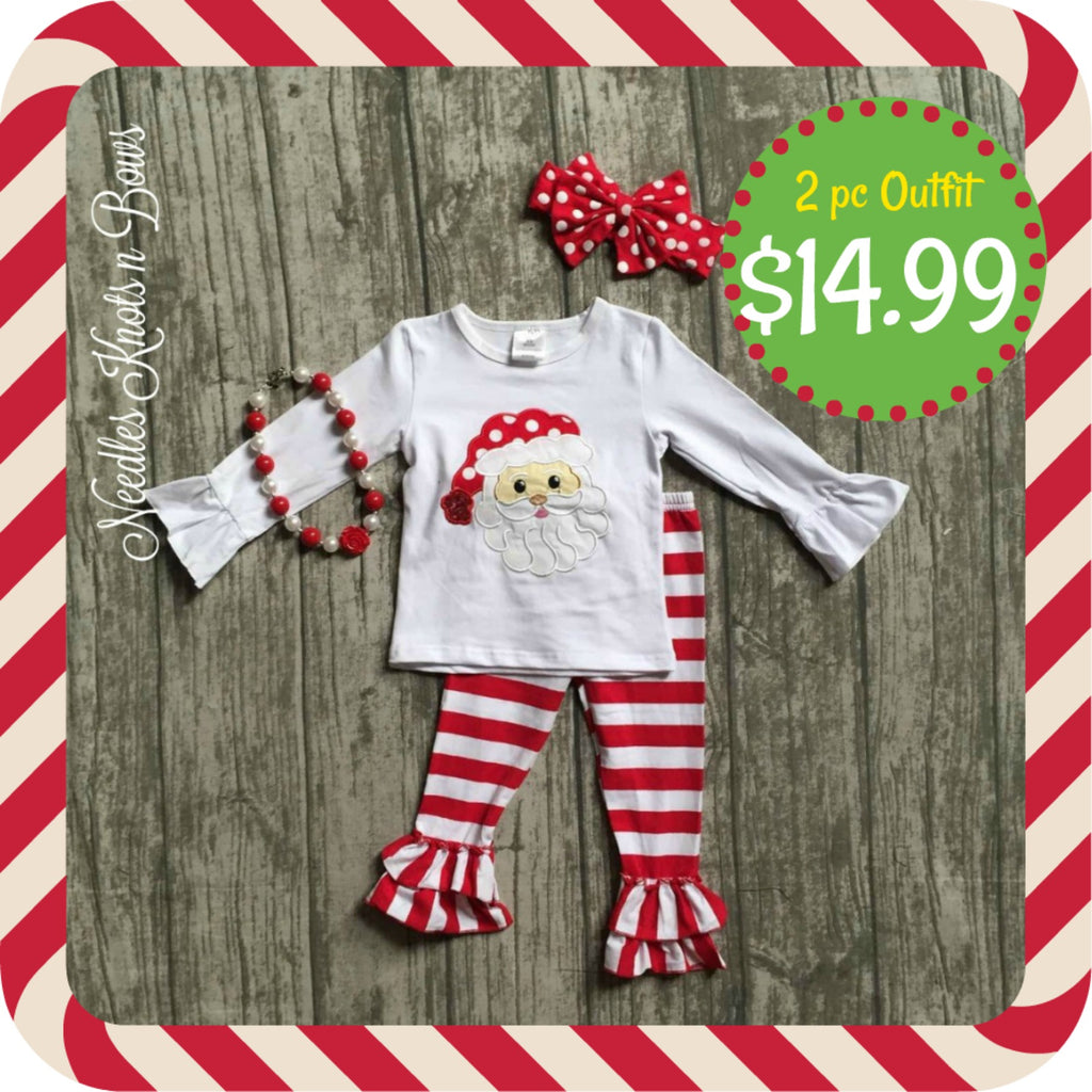 Girls 2pc Christmas Outfit, Girls Santa Top with Red & White Striped R –  Needles Knots n Bows