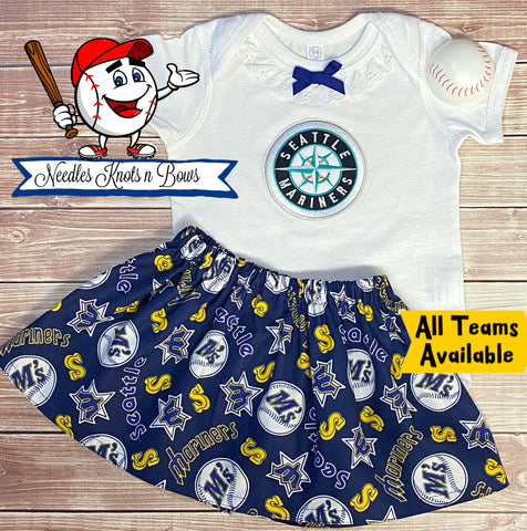 Baby girls and toddlers Seattle Mariners game day baseball outfit.  Baby Toddler MLB outfit.