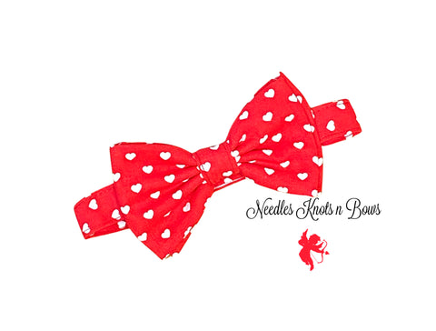 Hearts on red Valentine's Day bow tie, available in all sizes.