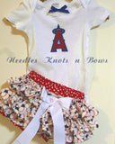 Baby girls and toddler Los Angeles Angels game day baseball outfit.