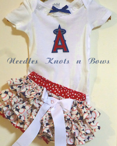 Baby girls and toddler Los Angeles Angels game day baseball outfit.