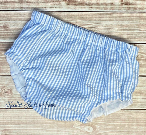 Baby Boys and toddlers light blue seersucker diaper cover.  Perfect for pairing up with onesies that have fun sayings on them.  Diaper covers make a wonderful Baby Shower gift.