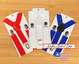 red, white and blue suspenders.  Custom order matching suspenders are also available upon request.