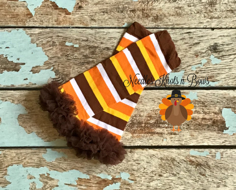Girls Fall, Thanksgiving striped ruffled leg warmers.