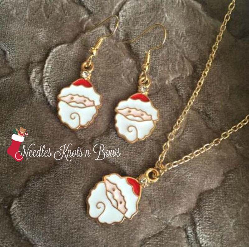 Santa Necklace Earring Set, Girls Christmas Jewelry Set, Girls