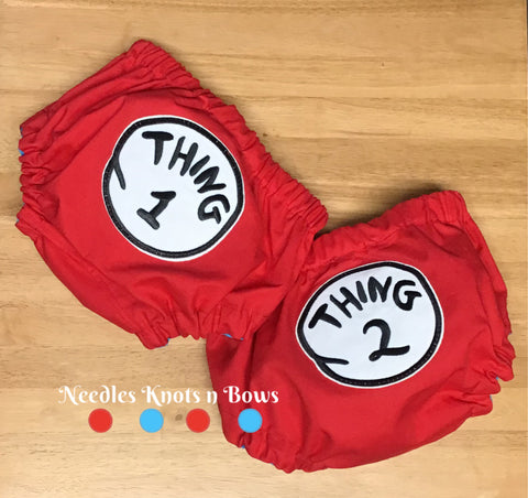 Baby, toddler Thing 1 and Thing 2 diaper covers for both boys and girls.