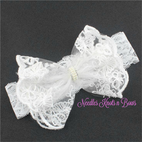 Baby girls pearl embellished white lace headband