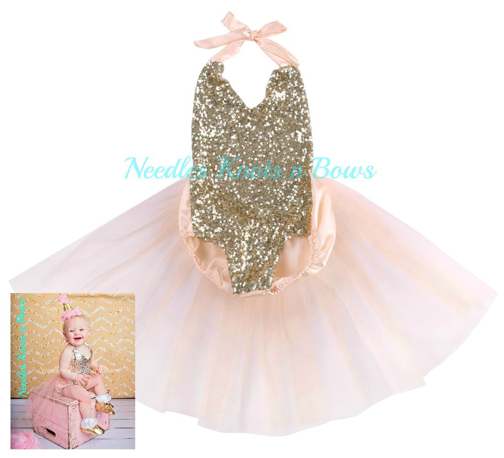 Girls Pink & Gold Sequin Romper, Cake Smash1st Birthday Outfit Needles Knots n Bows Girls Pink & Gold Sequin Romper, Cake Smash1st Birthday Outfit Needles Knots n Bows