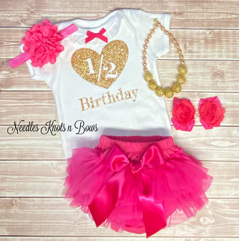 Half Birthday Outfit Baby Girl Bloomer Set, Pink & Gold