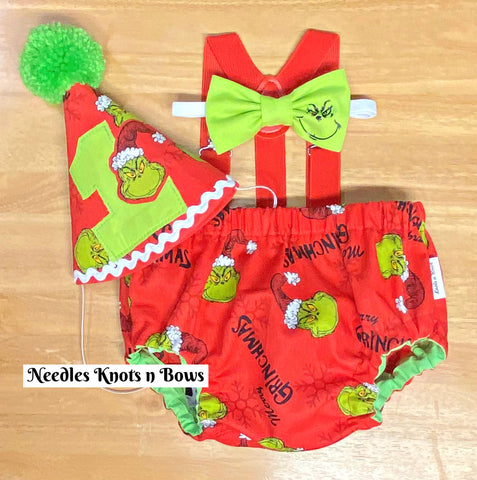 Boys Grinch Christmas Cake Smash Outfit and 1st Birthday Outfit