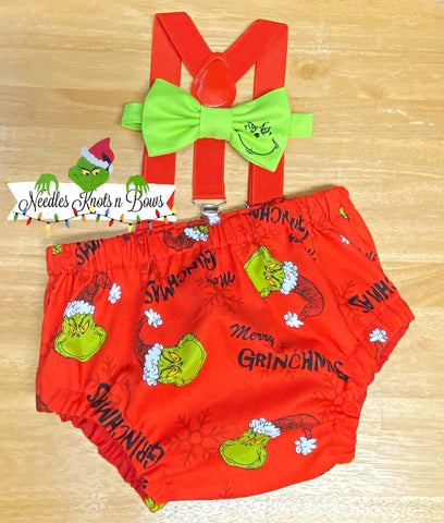 Boys Grinch Christmas cake smash outfit and 1st birthday outfit.