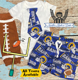 baby boys and toddlers Los Angeles Rams game day football outfit. Coming home outfit