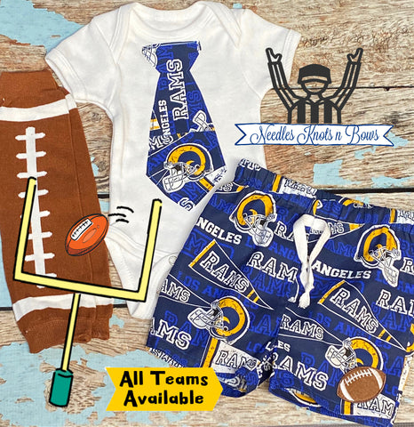 baby boys and toddlers Los Angeles Rams game day football outfit. Coming home outfit