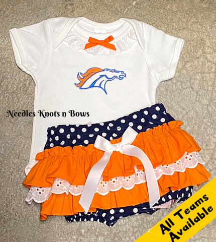 Denver Bronco's baby toddler outfit girl. Game Day football outfit.