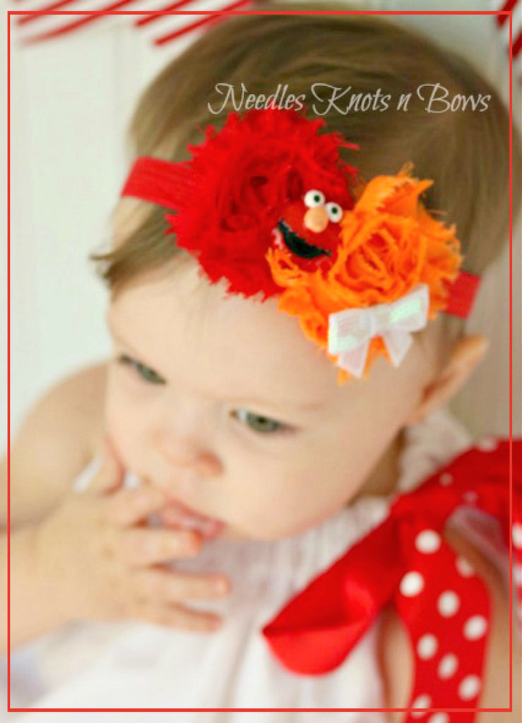 Elmo Red and Orange Flower Headband Needles Knots n Bows