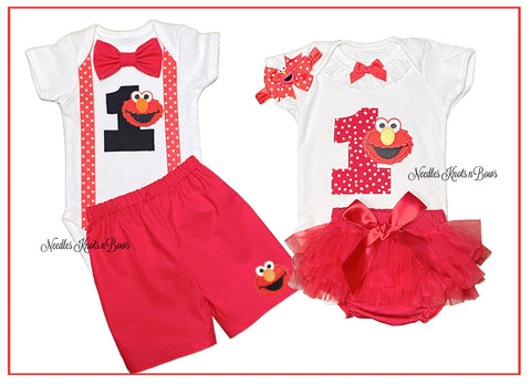 Twin Boy & Girl Elmo 1st Birthday Outfits