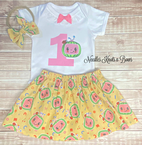 Girls Cocomelon 1st Birthday Outfit, Pink & Yellow