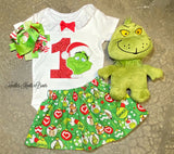 Girls Grinch 1st Birthday Outfit, Christmas Birthday Outfit