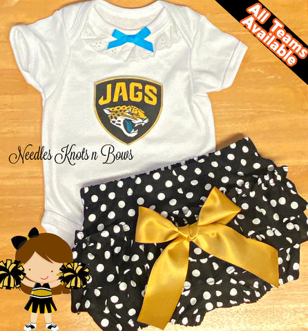 Baby girls and toddlers Jacksonville Jaguars game day football outfit.