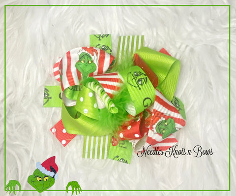 The Grinch Whol Stole Christmas 5.5 Feather Hair Bow