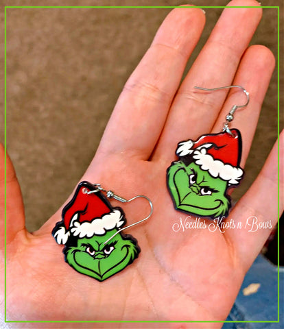 Grinch Dangle Christmas Hook Earrings. Reversible, hypoallergenic Holiday earrings.