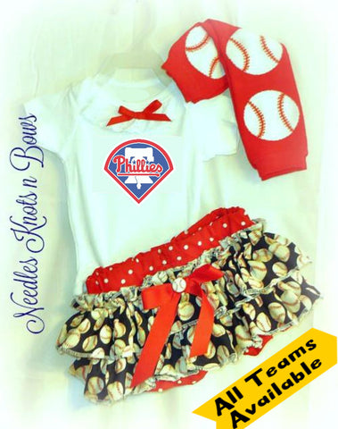 Baby girls and toddlers Philadelphia Phillies game day baseball outfit.