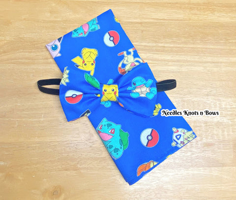 Royal blue Pokemon bow tie with matching suspenders and a pocket square. 